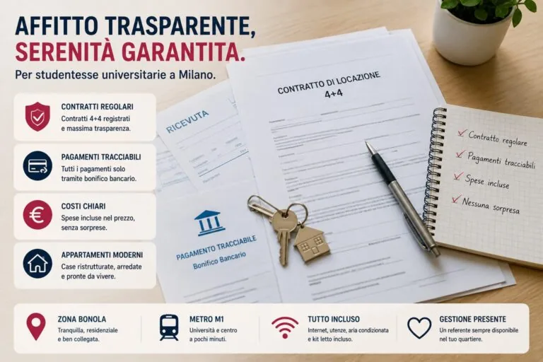 affitto trasparente Milano studentessa contratto regolare appartamento Milano appartamento moderno Bonola Milano studentessa fuori sede Milano casa camera universitaria moderna Milano